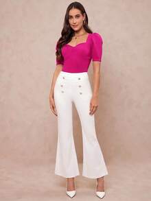 Clasi Top de escote corazón de corte ajustado con mangas tipo cordero, color rojo rosa - Rosa Fucsia - Ver 3