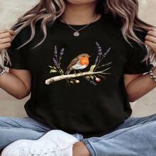 Camiseta informal de algodón de manga corta y cuello redondo para mujer con un bonito estampado de petirrojo. - Negro - Ver 1