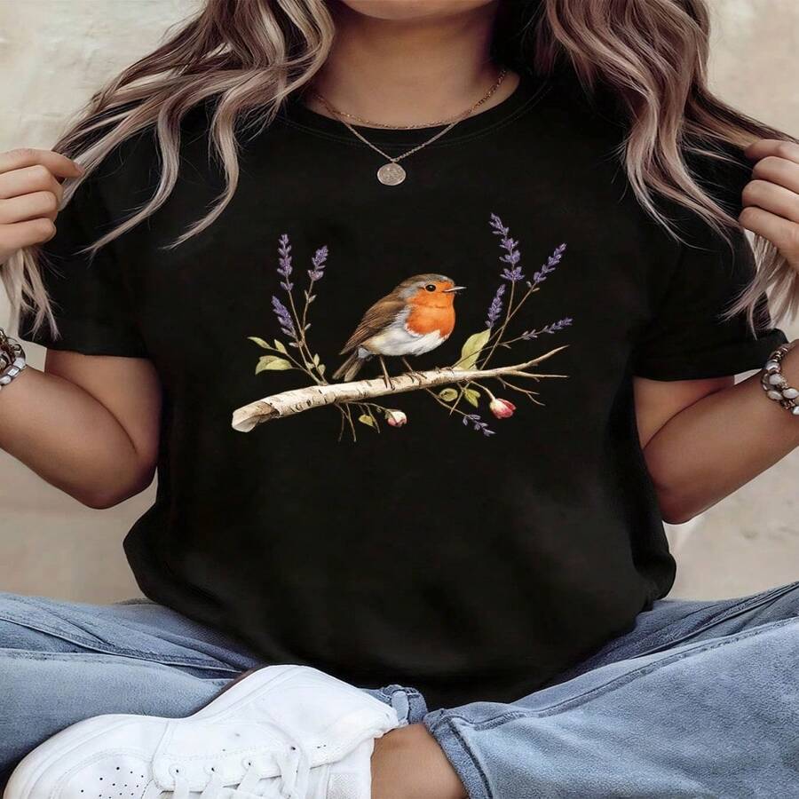 Camiseta informal de algodón de manga corta y cuello redondo para mujer con un bonito estampado de petirrojo. - Negro - Ver 1