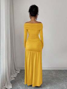 Vestido de punto ajustado de manga larga con hombros descubiertos, elegante y vintage, adecuado para otoño/invierno, Halloween - Amarillo - Ver 2