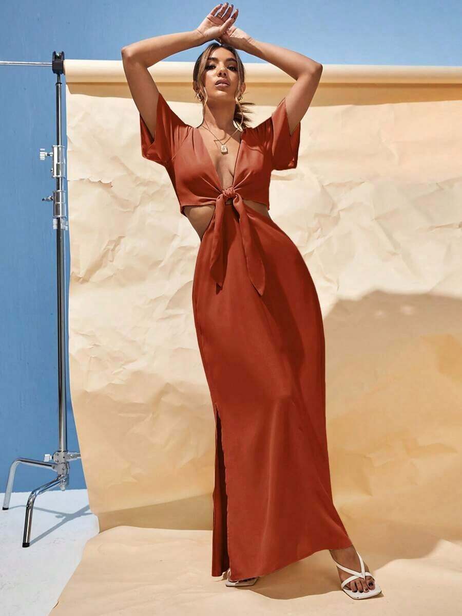 Vestido largo estilo maxi para verano con escote en V profundo, cierre delantero, abertura en la cintura y bajo con abertura - Naranja Quemada - Ver 1