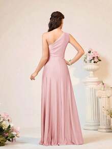 Vestido holgado de dama de honor de línea A con un hombro, de tela elástica tejida de color verde romántico y elegante - Rosa Pálido - Ver 2