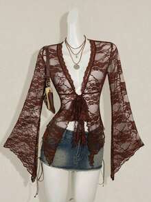 ICON Cárdigan transparente con mangas acampanadas y bajo asimétrico con estampado vintage para mujeres - Marrón - Ver 1