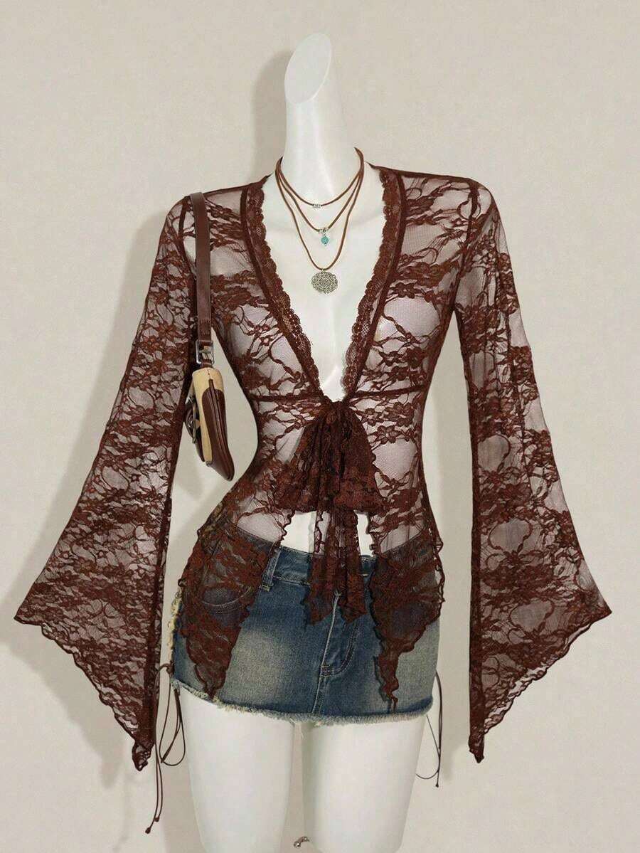 ICON Cárdigan transparente con mangas acampanadas y bajo asimétrico con estampado vintage para mujeres - Marrón - Ver 1