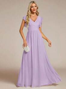 Vestido de dama de honor de gasa, diseño con escote en V plisado de manga corta, espalda abierta drapeada y bajo asimétrico, adecuado para bodas, uso vacacional, vestido de madre de la novia en primavera - Púrpura malva - Ver 6