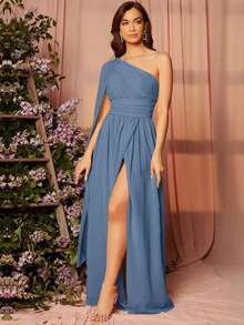 1 pieza Vestido de dama de honor con un solo hombro drapeado, elegante vestido de manga larga - Niebla azul - Ver 1