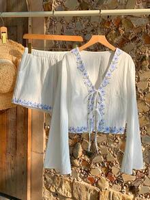 Conjunto de blusa con amarre al frente y shorts con estampado de anacardo para mujer, en estilo bohemio - Blanco 2 - Ver 6