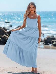 Vestido casual sin mangas con lazo para primavera y verano, atuendos de verano para mujer, vestidos de verano para mujer, atuendos de vacaciones, vestido de playa de verano para mujer, vestido de vacaciones estilo boho y fairycore, vestido sin esp - Celeste - Ver 3
