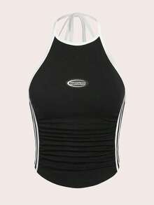 Top de tirantes casual con cuello de halter y pliegues con estampado de letras para mujer - Negro - Ver 11