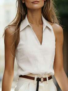 Blusa sin mangas de lino tipo mandarín con cuello, versátil y estilizadora para ir al trabajo - Blanco - Ver 3