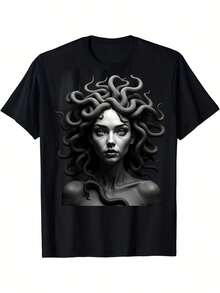 Camiseta de manga corta con cuello redondo, estampada en una cara, monocromática, con retrato de Medusa, para todas las estaciones - Negro - Ver 6