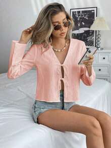 Blusa suelta de hombros caídos con nudo delantero, unicolor, de estilo informal, con mangas acampanadas para mujer - Rosa Pálido - Ver 7