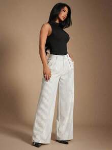 Pantalones de traje azul marino a rayas de estilo minimalista y moderno para mujer, pantalones de cintura alta, pantalones azules, pantalones a rayas, pantalones anchos de pierna ancha, pantalones casuales, pantalones de negocios, adecuados para s - Blanco - Ver 4