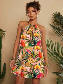 Vestido corto holgado con hombros al descubierto y estampado tejido para mujeres para vacaciones - Rosa - Ver 4