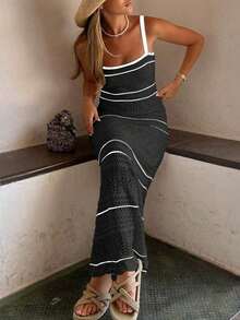 Vestido de punto ajustado sin mangas con rayas negras y beige elegante y minimalista para mujer, vestido de ganchillo ajustado casual con recortes, para primavera/verano/otoño - Blanco y Negro - Ver 7