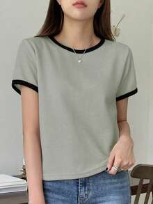 Camiseta básica de mujer de manga corta y cuello redondo, color liso, top de verano - Verde - Ver 3