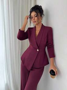 Conjunto de traje de mujer, tela de traje, cuello de solapa, manga larga, cintura ceñida con dobladillo asimétrico en línea A, decoración de botón de metal, sofisticado y elegante para la oficina, el transporte, el estilo callejero, el romanticismo francés, casual, vintage de Oriente Medio, té de la tarde, fiesta, Acción de Gracias, regreso a la escuela, primavera/otoño/invierno - Burdeos - Ver 8