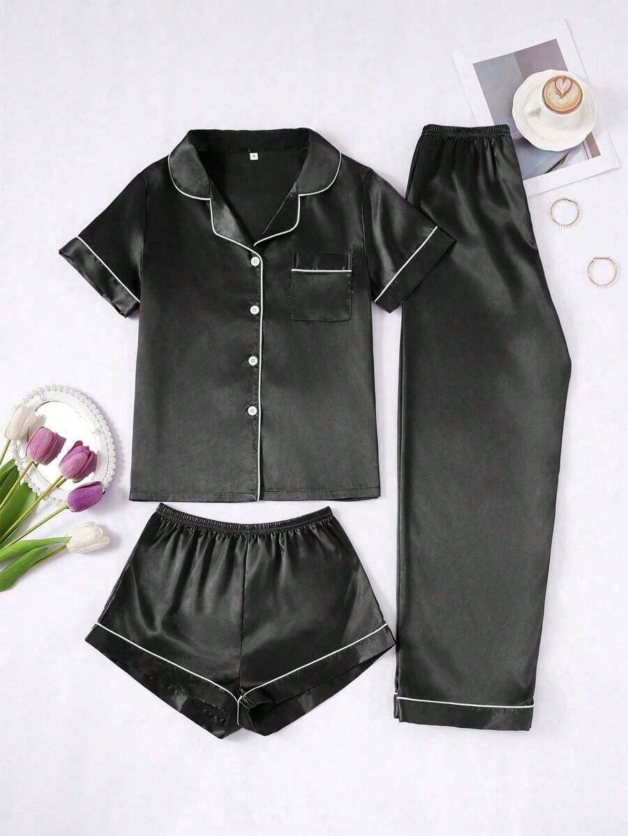 Conjunto de pijama de 3 piezas para mujer con cuello de seda falsa de unicolor y ribete contrastante - Negro - Ver 1