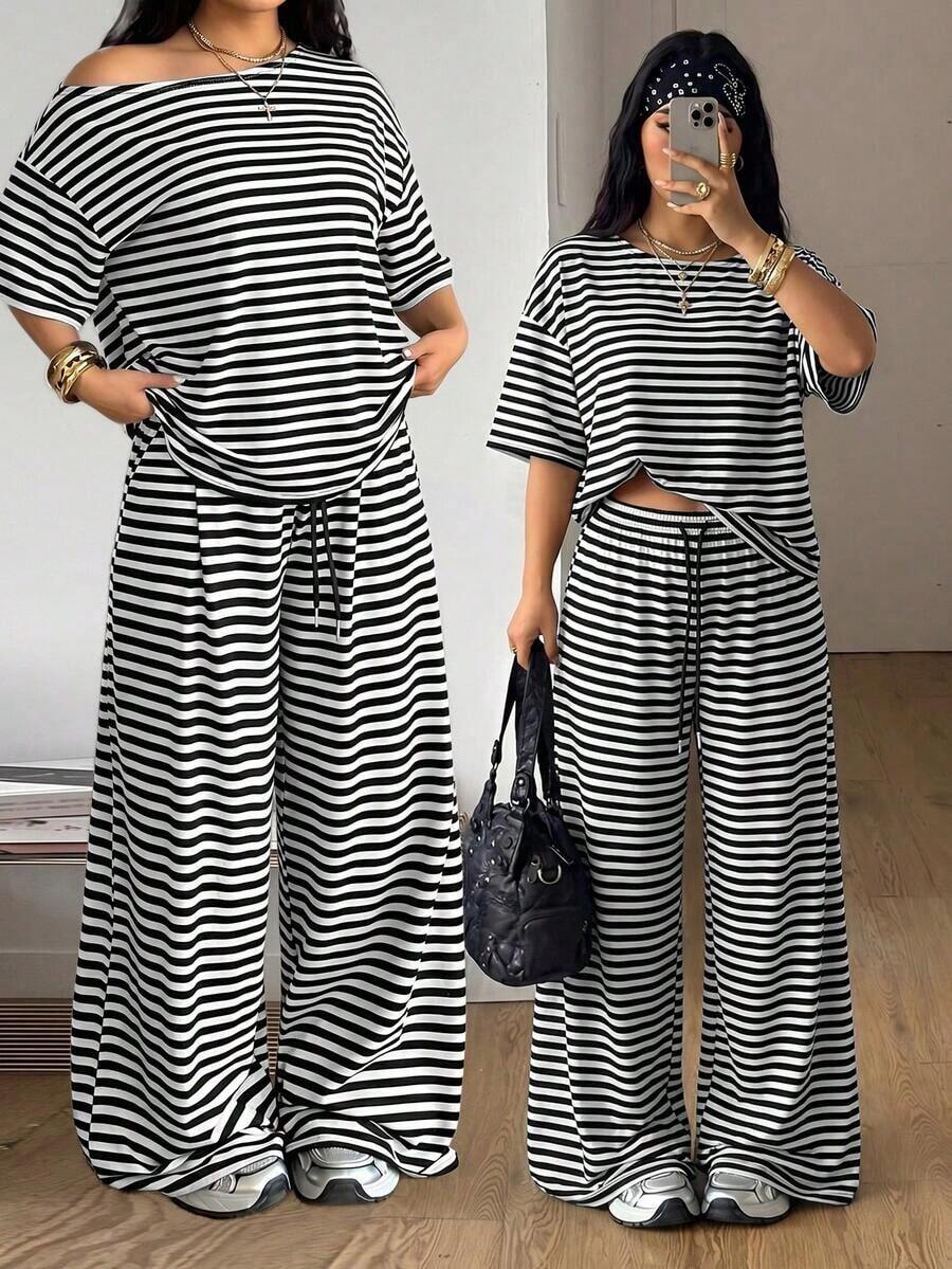 Conjunto de dos piezas de camiseta hombros descubiertos y pantalón ancho de chándal para mujer talla grande, minimalista, ropa de calle, uso diario, salir, deporte, cómodo - Blanco y Negro - Ver 1