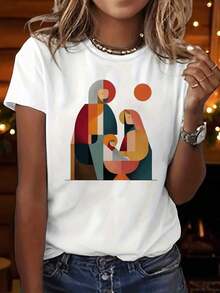 100% Cotton T-Shirt With Christian Biblical Graphic Print "Let Us Adore Him" For Christmas, Aesthetic, Short Sleeve, Round Neck, Casual, For All Seasons, Women's Clothing. - 白色 - 查看 1