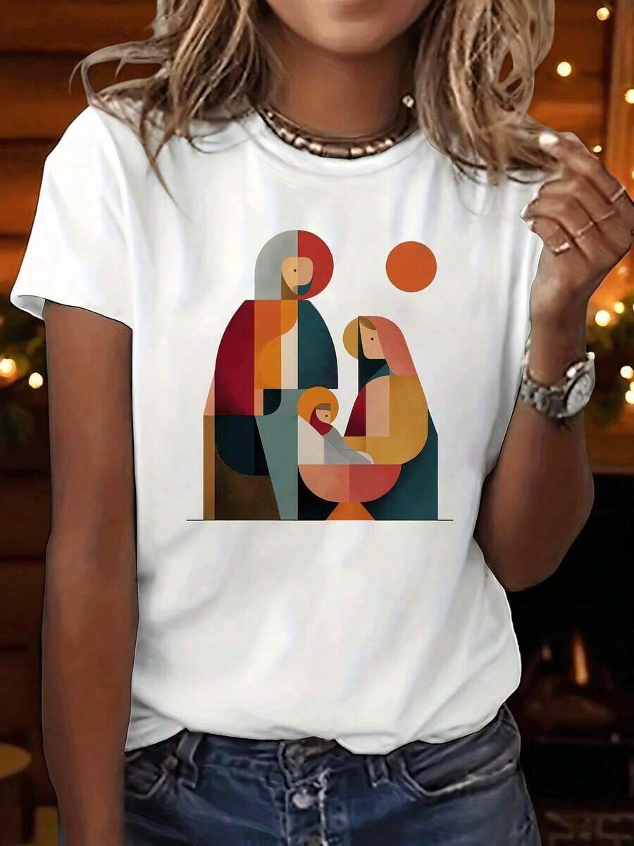 100% Cotton T-Shirt With Christian Biblical Graphic Print "Let Us Adore Him" For Christmas, Aesthetic, Short Sleeve, Round Neck, Casual, For All Seasons, Women's Clothing. - 白色 - 查看 1