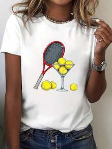 100% Cotton T-Shirt With Racket And Cocktail Print, Short Sleeve, Round Neck, Casual Style For Summer And Spring, Women's Clothing. - White - View 1