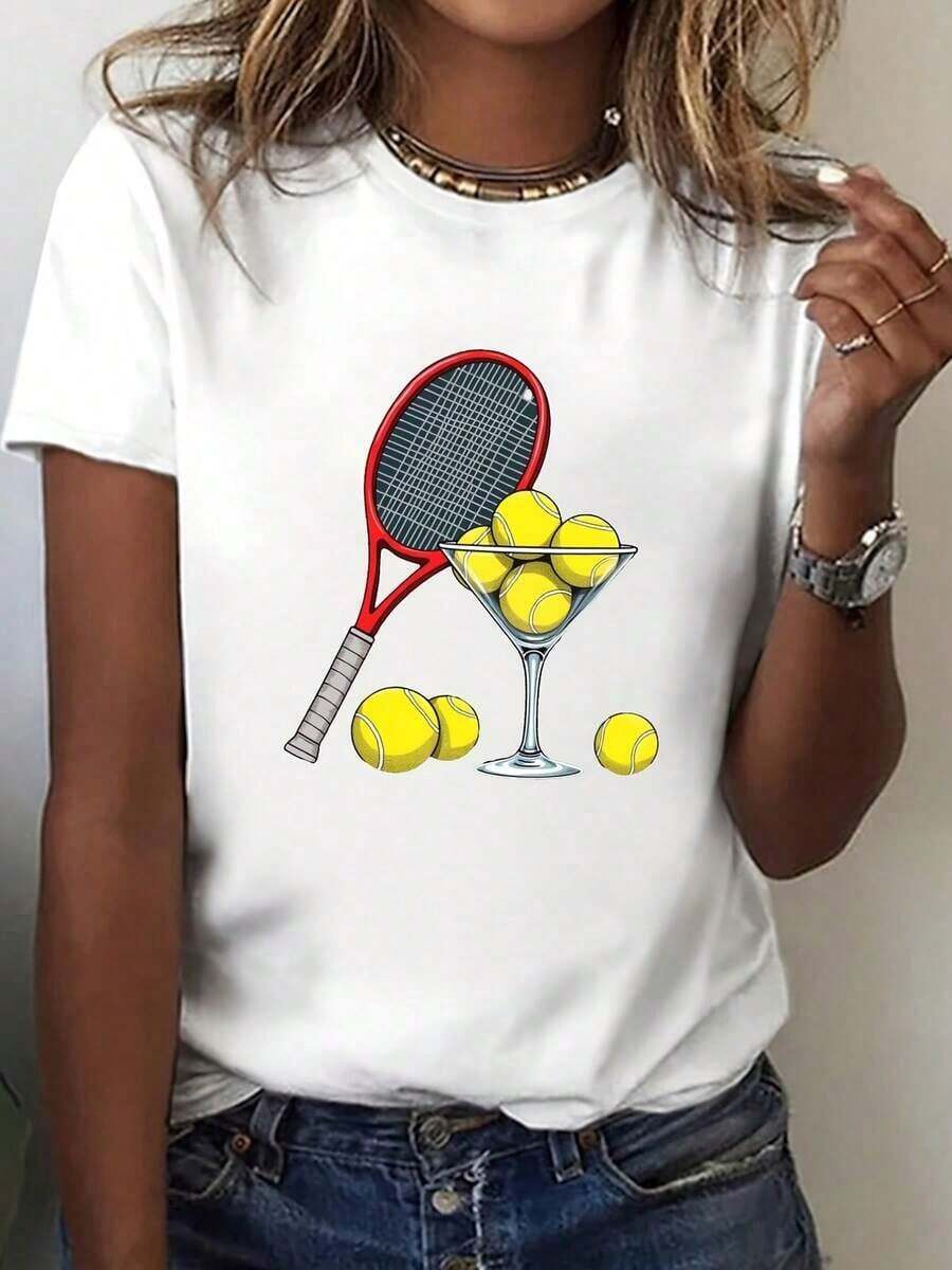 100% Cotton T-Shirt With Racket And Cocktail Print, Short Sleeve, Round Neck, Casual Style For Summer And Spring, Women's Clothing. - White - View 1