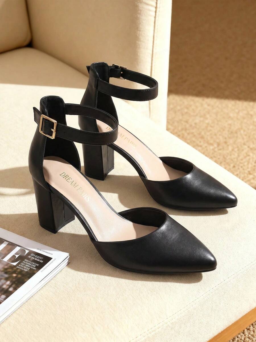 Women's Classic Closed Pointed Toe High Chunky Ankle Strap Heels Pumps  Dress Shoes Fashionable And Elegant For Wedding Office Party, 3 Inches - 黑色/PU - 查看 1