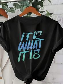 Women's Casual Sports T-Shirt With Knot - Black Elastic Round Neck T-Shirt, Hand Painted With Unique Text, Machine Washable, Comfortable Fit And Perfect For All Seasons. - 黑色 - 查看 1
