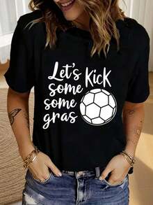 Camiseta Casual para Mujer, Camiseta de Fútbol con Estampado "Let's Kick Some Grass" - Camiseta de Fútbol de Manga Corta y Cuello Redondo, Lavable a Máquina, Ropa Casual Cómoda Adecuada para Entrenamientos, Atuendos Diarios y Eventos Deportivos - Ropa Deportiva 100% Algodón, Duradera - Negro - Ver 1