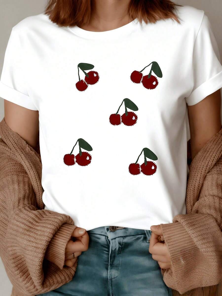 Branches Of Red Cherries That Evoke Natural Sweetness, Summer Joy And Youthful Energy With Green Leaves That Bring Freshness In Every Detail. Modern Casual Women's T-Shirt - 白色 - 查看 1