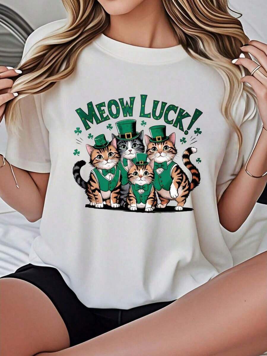 Camiseta casual de mujer de manga corta, opciones de color blanco y , gatos de la suerte con sombreros y chalecos verdes, tema del Día de San Patricio, camiseta estampada para mujeres, atuendos de verano, camisetas de diseño de animales lindos, tops de verano, camisetas estampadas, atuendos de verano para mujeres, camisetas estampadas, tops cortos para mujeres, tops para mujeres, vintage de algodón, ropa linda para mujeres, atuendo de Navidad para mujeres, vestidos elegantes para mujeres, ropa deportiva para mujeres, pilates, , camisas deportivas, tops deportivos,Suitable for spring, summer and autumn - Blanco - Ver 1