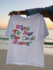 1 pieza Camiseta Gráfica "What's The Best That Could Happen" - Transpirable, Cómoda y Elegante, 100% Algodón, Camiseta con Diseño Divertido, 180g Algodón 100% - Blanco - Ver 6
