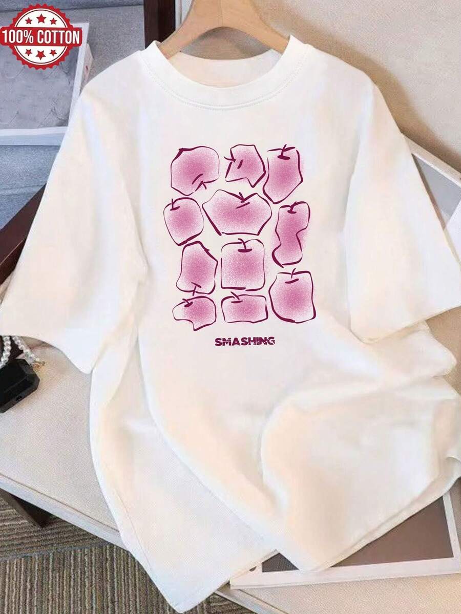 Ropa de mujer a la moda para el verano, camiseta de algodón puro, holgada, de cuello redondo, versátil, cómoda, casual, juvenil, popular, vibrante, de manga corta para uso diario. - Blanco - Ver 1