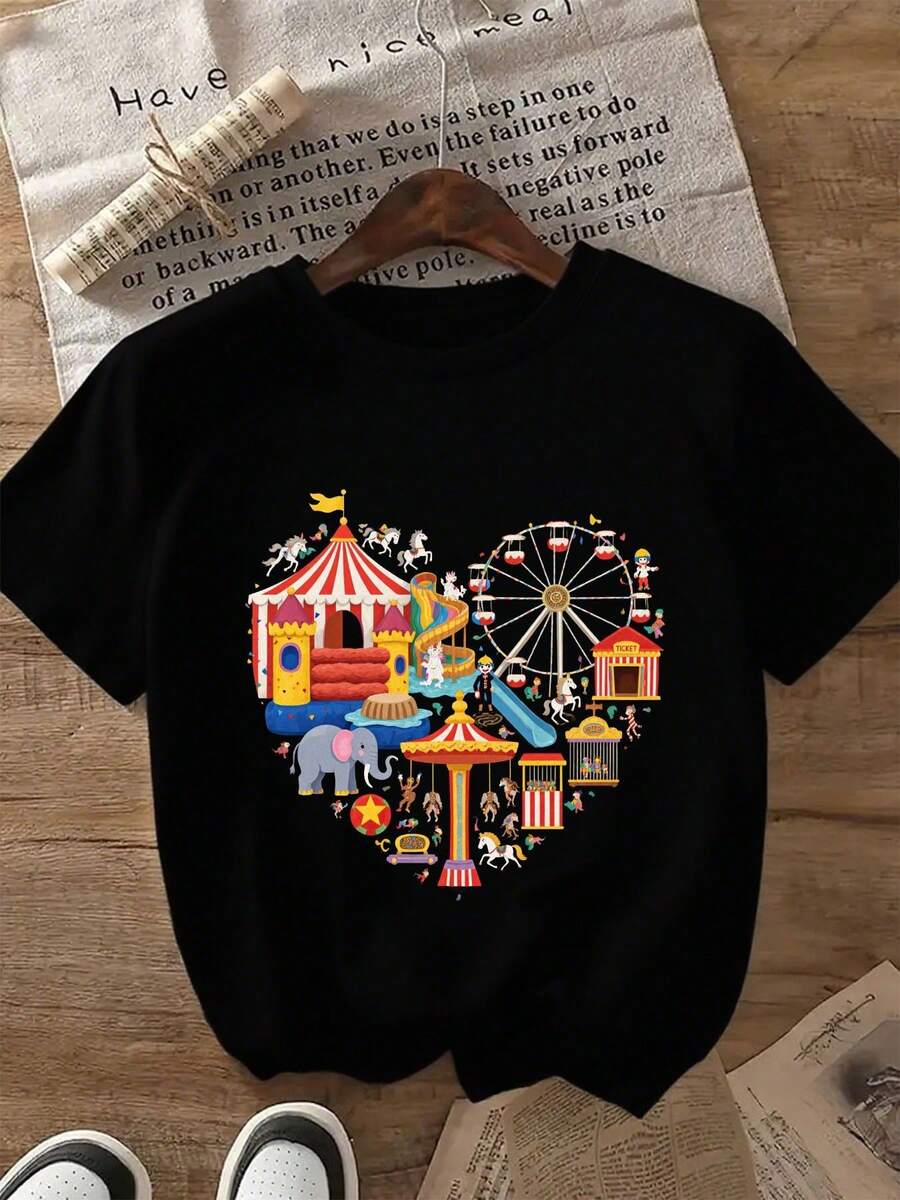 Una camiseta de mujer de manga corta, holgada, moderna, retro y elegante, adecuada para actividades al aire libre en primavera y verano, con un diseño en forma de corazón para parques de atracciones de carnaval.|Unisex, tela cómoda de 220g, ropa casual, regalo perfecto para entusiastas de los parques de atracciones, cuello redondo, mangas regulares.blusas para mujer,blusas casuales para dama,tops,, mujer premium,y2k,playeras de mujer curvy,ofertas y liquidaciones ropa mujer,playeras deportivas para mujer,,playeras de hombre, mujer,blusas>elegante N5PU - Negro - Ver 1