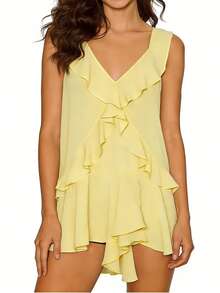 Women's Chiffon Ruffle Mini Dress V-Neck Sleeveless Flowy Swing Dress Tiered Ruffle Hem A-Line Dress For Summer - 黃色 - 查看 2