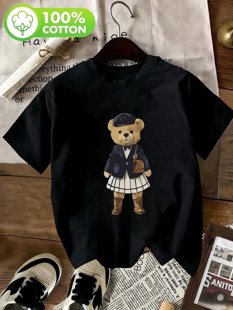 Soft Women's T-Shirt, 100% Cotton, Collegiate Style, With Fun Teddy Bear Print, Cute Bear Design, Suitable For Daily And Casual Wear In Spring And Autumn, Soft And Cute, Youthful Style, Versatile Design, Casual And Fashionable, Simple Round Neck, Comfortable And Breathable Short Sleeves, Elegant Blouses For Ladies. - 黑色 - 查看 1