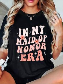 1 Bridesmaid Themed Printed T-Shirt - Black Base With Pink And White Text, Decorated With Floral And Star Motifs, Casual Summer Crew Neck T-Shirt, Suitable For Bridesmaid Wedding Party Outfits And Holiday Wear. | Vintage Style T-Shirt | Comfortable Fit 180g 100% Cotton - 黑色 - 查看 6