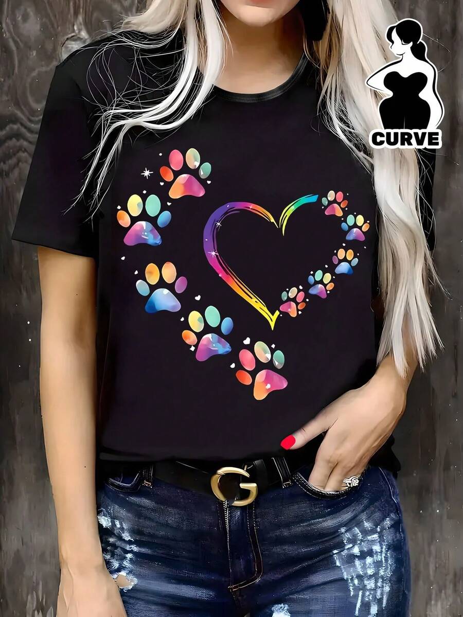 Plus Size Women's Casual Printed T-Shirt, Round Neck, Short Sleeve, Slightly Stretchy Fabric, Regular Fit, Comfortable Top For Women's Clothing In All Seasons - 黑色 - 查看 1