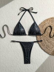 Snake Skin Print Sexy Backless Lace-Up Swimwear, Suitable For Beach & Holiday In Summer Vacation - Black - View 2