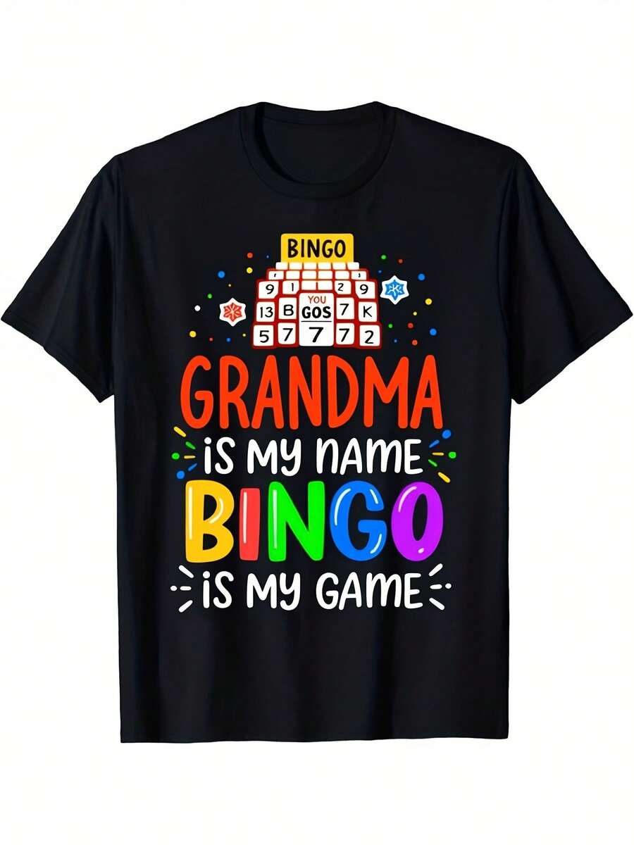 Fun Mexican Bingo T-Shirt With Bingo Ball And Numbered Card Design - Retro Style, Suitable For Women And Men, Soft And Breathable Polyester Crew Neck T-Shirt For Bingo Parties, Gift Idea For Bingo Lovers, Casual Daily Wear For Bingo Parties. Fashionable Summer Cotton T-Shirt. - 黑色 - 查看 1