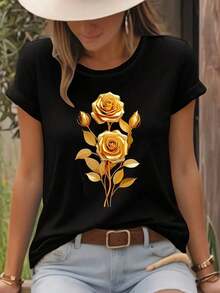 New Women's Casual Summer Print Short Sleeve T-Shirt For Spring And Summer, Women's Summer T-Shirts - Unisex Urban Vintage Style, Loose Fit Cotton Short Sleeve Round Neck T-Shirt. - 黑色 - 查看 1