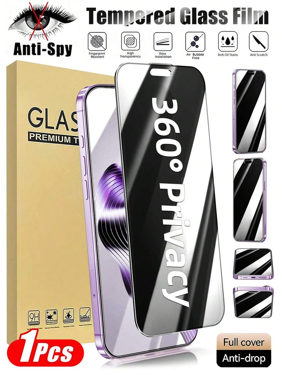 1pc - 360° Full Coverage Privacy Tempered Glass Screen Protector For IPhone 17(6.3 Inch). Compatible With IPhone 17 Pro Max, 16, 15, 14, 13, 12 And 11 Pro Max. Provides Excellent Protection, Full Coverage, Scratch Resistant, Bubble-Free. Phone Accessory, Compatible With Phone Case. - Black - View 1