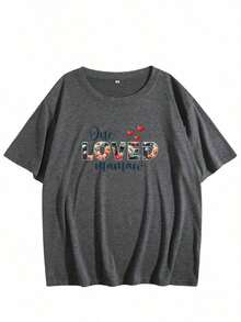 Women's Casual Cotton T-Shirt, Round Neck, Short Sleeve, With "Lovely Loved Mamaw" Graphic Print, Drop Shoulders, Perfect As A Mother's Day Gift - 灰色 - 查看 2
