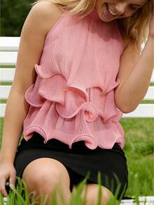 Women's Halter Neck Ruffle Top, Sleeveless Tiered Ruffle Blouse With Textured Chiffon Fabric, Flowy Silhouette For Versatile Styling - Pink - View 1