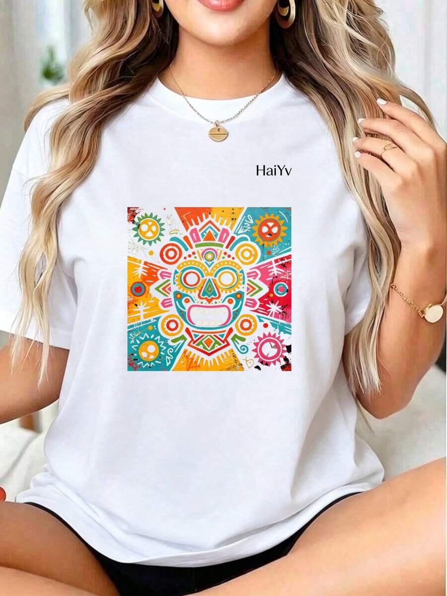 Limited Time Offer, Limited Quantity Available, Lightning , Women's Shirts, Women's T-Shirts. Women's Oversized White T-Shirt, Short Sleeve, Round Neck, Colorful Graffiti Mask Print, Casual Mexican Style For Everyday Wear - 白色 - 查看 1