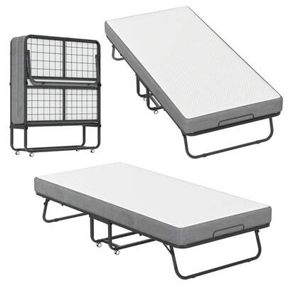 Gästebett Klappbett Metall Bettgestell mit 13 cm Dicker Matratze Reisebett Metallbettrahmen mit Rollen Metallbett Faltbare Bett, 200x90cm, Schwarz