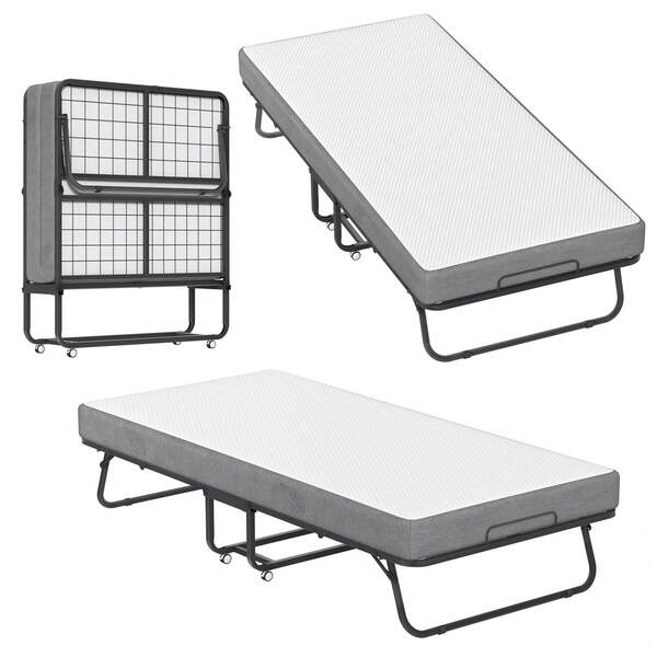 Lit d'appoint pliant en métal avec matelas de 13 cm d'épaisseur, lit de voyage à roulettes, 200 x 90 cm, noir