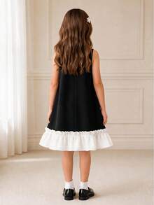 Vestido elegante para niñas de 4 a 8 años - Vestido negro sin mangas de línea A con lazo blanco aplicado y dobladillo con volantes | Adecuado para fiestas, bodas u ocasiones especiales - Negro - Ver 2