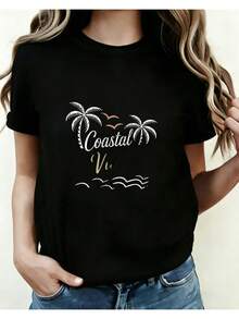 Women's Summer Short-Sleeved T-Shirt, European Style, Premium Quality, Beach Style, Modern And Versatile With A Relaxed Fit, Suitable For Urban Fashion Or Casual Outings. Model 01, Women's Printed Round Neck Top, Suitable For All Seasons, . - 黑色 - 查看 7